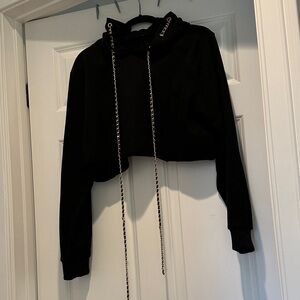 Current mood Black Cropped Hoodie with Chain Details